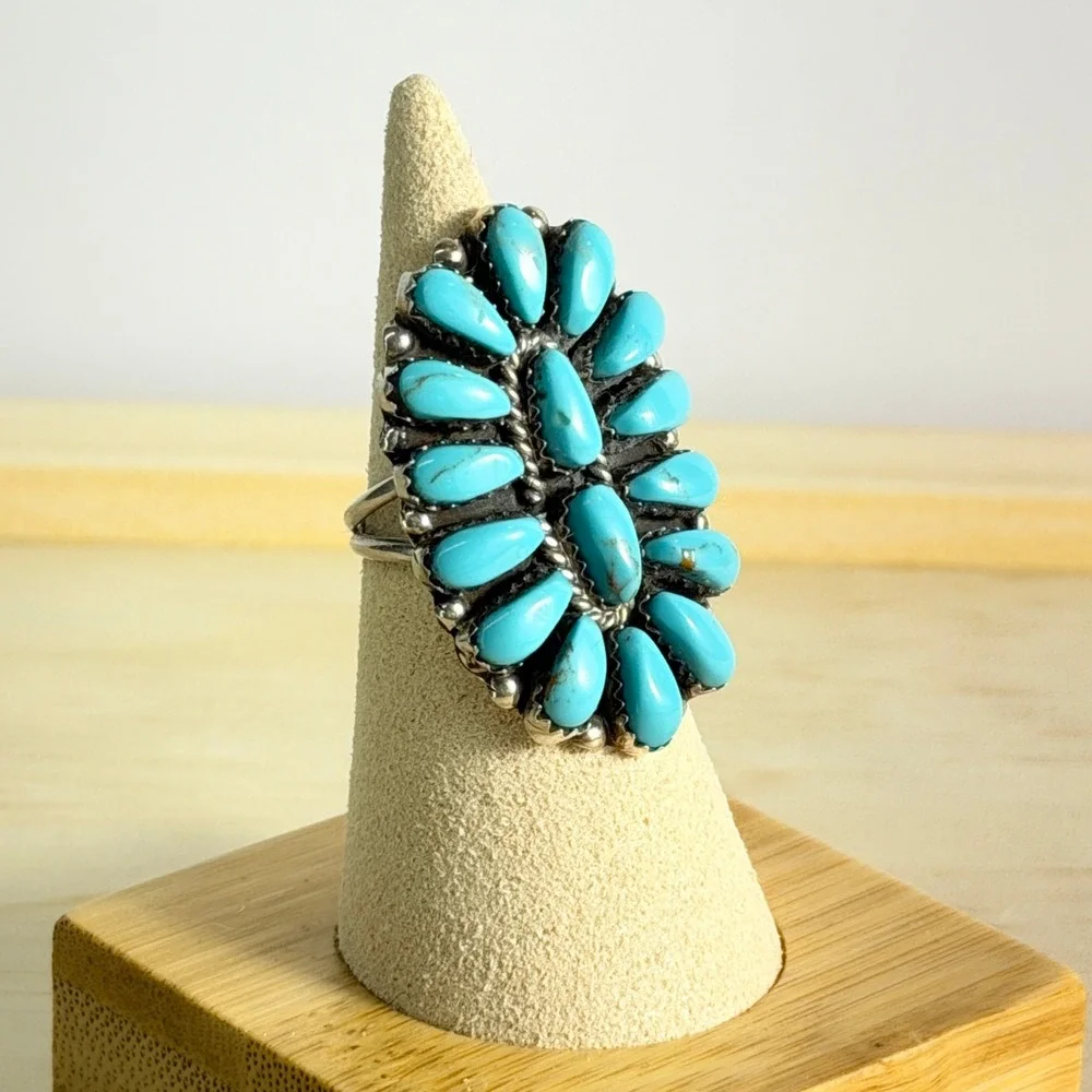 Navajo Turquoise Cluster Ring Rosanna Williams Signed Sterling Silver Southwest
